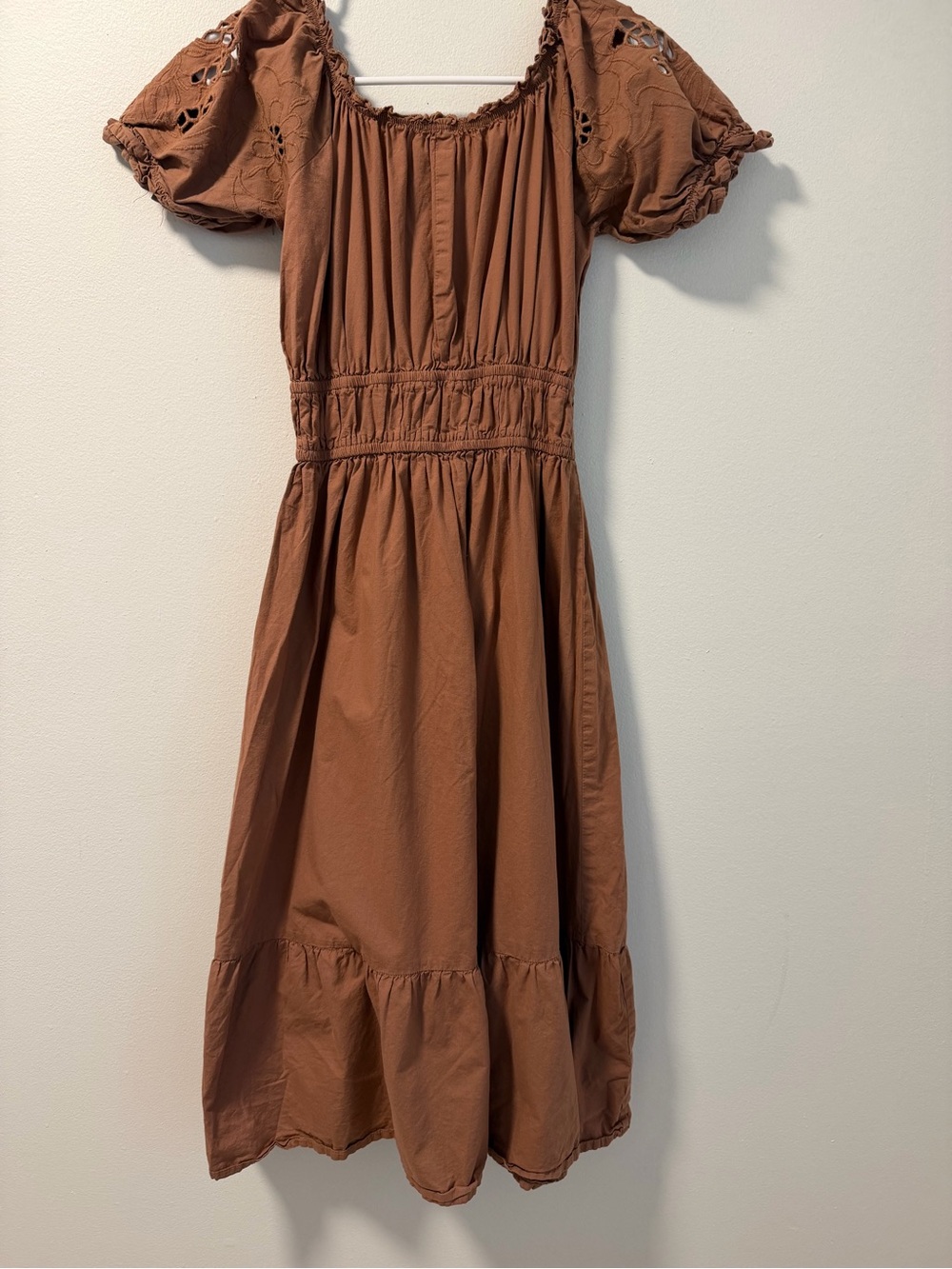 Rebellion Rust Brown Eyelet Puff-Sleeve Midi Dress SZ M